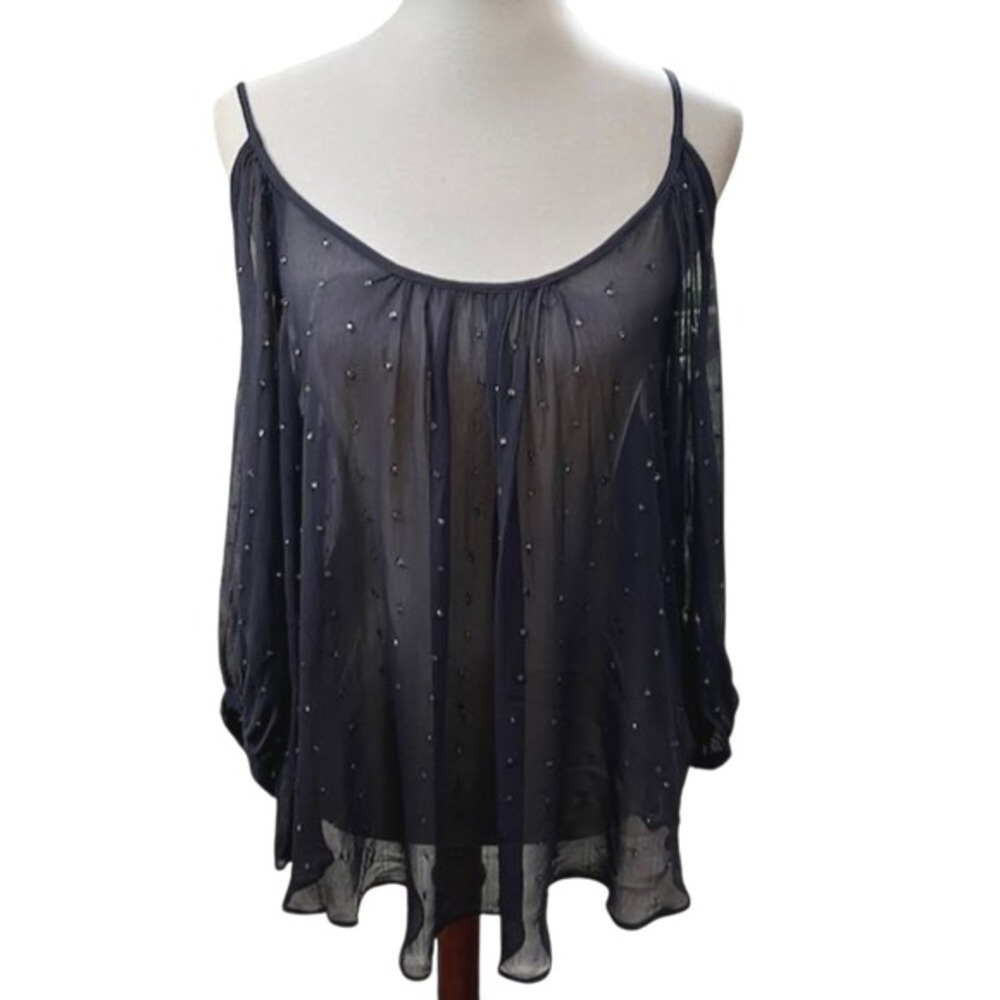NWOT Navy Sheer Blouse Embellished Fits Medium Fairycore Willow and Clay‎